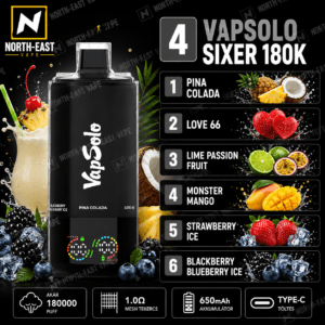 VapSolo Sixer - #04 - 🥥 Pina Colada • 💜 Love66 • 🍋 Lime-Maracuja • 🥭 Monster Mangó • 🍓 Jeges Eper • 🫐 Szeder-Áfonya Jég