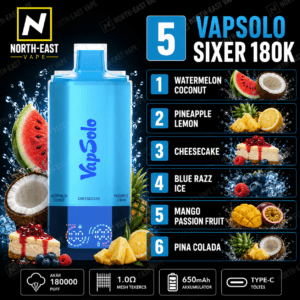 VapSolo Sixer - #05 - 🍰 Sajttorta • 🍍 Ananász-Citrom • 🫐 Áfonyás Savanyú Málna • 🍓 Eper-Mangó • 🍋 Citrom-Lime • 🍉 Görögdinnye-Kókusz