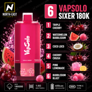 VapSolo Sixer - #06 - 🍒 Tripla Cseresznye • 🍉 Görögdinnyés Rágó • 🍑 Jeges Barack • 🍊 Grapefruit Frissítő • 💜 Love66 • 🥥 CocoLoco