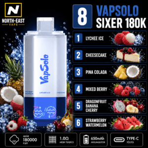 VapSolo Sixer - #08 - 🥶 Jeges Licsi • 🍰 Sajttorta • 🥥 Pina Colada • 🫐 Erdei Gyümölcs Mix • 🐉 Sárkánygyümölcs-Banán-Cseresznye • 🍓 Epres Görögdinnye