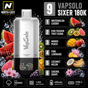VapSolo Sixer - #09 - 🍉 Görögdinnye-Cseresznye • 🥝 Kiwi-Maracuja-Guava • 🥭 Mangó-Barack • 🍓 Pink Lemonade • 🥥 Kókuszos Dinnye • 🍇 Sakura Szőlő