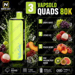VapSolo Quads - #03 - 🍇 Szőlő Burst • 🥶 Jeges Licsi • 🍑 Barackos Bogyós • 🥝 Kiwi-Maracuja-Guava