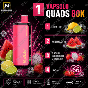 VapSolo Quads - #01 - 🍋 Citrom-Lime • 🧊 Görögdinnyés Jég • 🐉 Fekete Jeges Sárkánygyümölcs-Eper • 💜 Love66