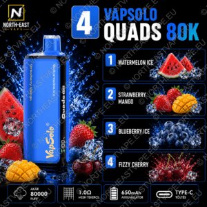 VapSolo Quads - #04 - 🧊 Görögdinnyés Jég • 🍓 Eper-Mangó • 🫐 Áfonyás Jég • 🍒 Habzó Cseresznye
