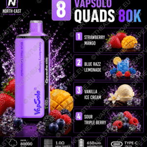VapSolo Quads - #08 - 🍓 Eper-Mangó • 🫐 Kék Málna Limonádé • 🍦 Vaníliás Jégkrém • 🫐 Savanyú Tripla Bogyós