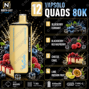 VapSolo Quads – #12 -🫐 Áfonya-Ribizli • 🫐 Szeder-Málna • 🍰 Sajttorta • 🍋 Lime-Maracuja