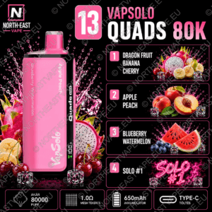 VapSolo Quads - #13 - 🐉 Sárkánygyümölcs-Banán-Cseresznye • 🍎 Alma-Barack • 🫐 Áfonyás Görögdinnye • 🍭 Solo #1