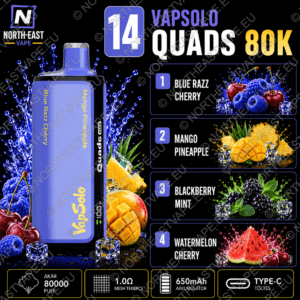 VapSolo Quads - #14 - 🫐 Kék Málna-Cseresznye • 🥭 Mangó-Ananász • 🌿 Mentás Szeder • 🍉 Görögdinnye-Cseresznye