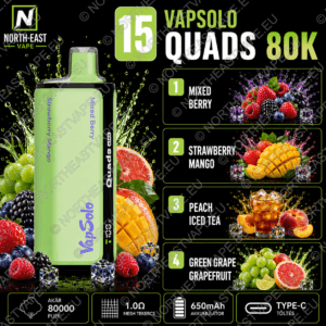 VapSolo Quads - #15 - 🫐 Erdei Gyümölcs Mix • 🍓 Eper-Mangó • 🍑 Barackos Jeges Tea • 🍇 Zöld Szőlő-Grapefruit